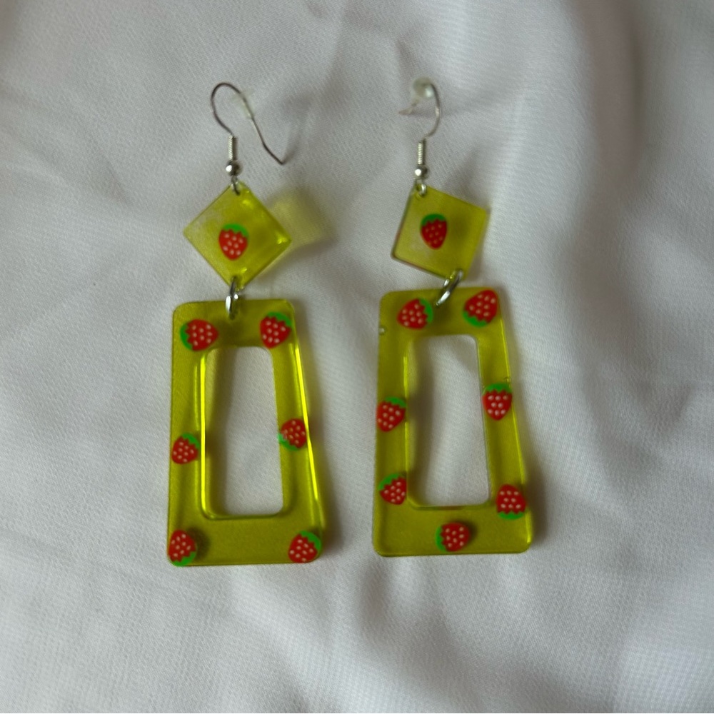 Resin Earrings Handmade Yellow/Green Resin with Imbedded Red Strawberries